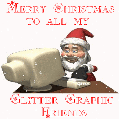 Santa on Computer (with snowfall effect)- Merry Christmas to All My Glitter Graphic Friends