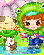 cute boy on a rainy day with a frog suit