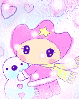 cute kawaii pink character hugging a snowman