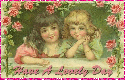 two girls with pink roses